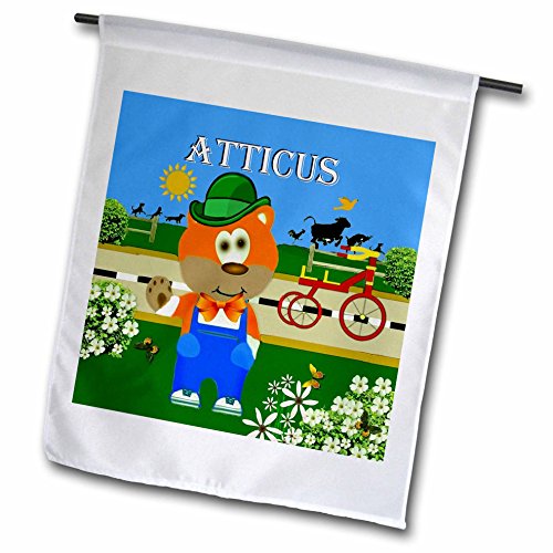 0499049972025 - SMUDGEART MALE CHILD NAME DESIGN - DECORATIVE BEAR WEARING OVERALLS WITH THE NAME ATTICUS - 18 X 27 INCH GARDEN FLAG (FL_49972_2)