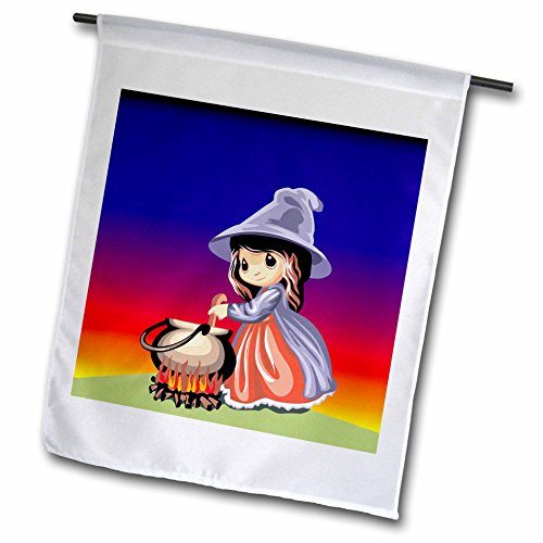 0499058834024 - EDMOND HOGGE JR HALLOWEEN - LITTLE WITCH MAKING HALLOWEEN BREW WITH COLORFUL SKY BACKGROUND - 18 X 27 INCH GARDEN FLAG (FL_58834_2)