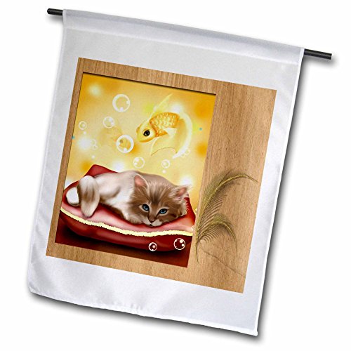 0499110985022 - SPIRITUAL AWAKENINGS CATS ANIMALS - KITTY DREAMS OF GOLD FISH ON A BEAUTIFUL DIGITAL WOOD BACKGROUND WITH LEAF ACCENT - 18 X 27 INCH GARDEN FLAG (FL_110985_2)