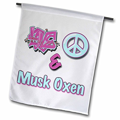 0499122865022 - BLONDE DESIGNS ANIMALS LOVE PEACE AND IN PASTELS - LOVE PEACE AND MUSK OXEN IN BLUE AND PURPLE - 18 X 27 INCH GARDEN FLAG (FL_122865_2)