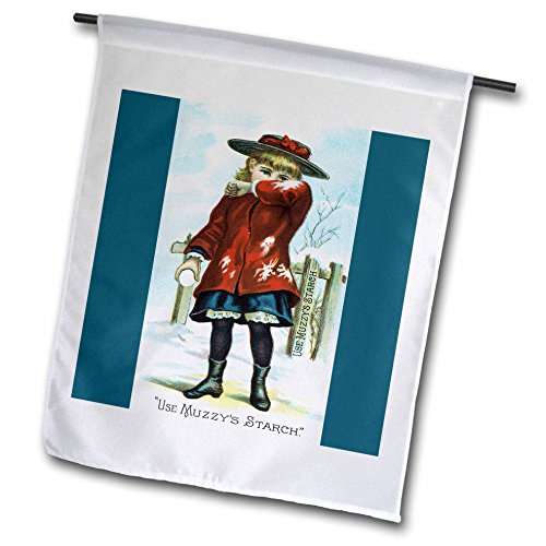0499180208014 - BLN VINTAGE TRADE CARDS AD ART REPRODUCTIONS - MUZZYS STARCH LITTLE GIRL IN RED HOLDING A SNOWBALL WINTER SCENE - 12 X 18 INCH GARDEN FLAG (FL_180208_1)