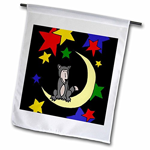 0499200528016 - ALL SMILES ART ABSTRACT - FUNNY GREY WOLF SITTING ON MOON WITH STARS ABSTRACT ART - 12 X 18 INCH GARDEN FLAG (FL_200528_1)