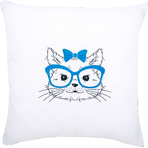 0499995195738 - VERVACO CAT WITH BLUE GLASSES CUSHION STAMPED EMBROIDERY KIT, 16 X 16