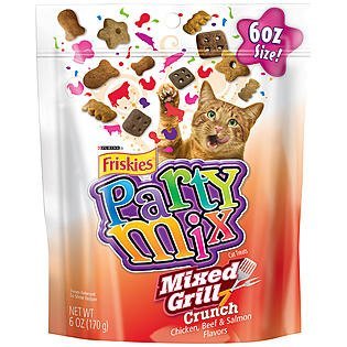 0050000292684 - FRISKIES PARTY MIX CAT TREATS - MIXED GRILL CRUNCH - CHICKEN, BEEF, & SALMON FLAVORS - NET WT. 6 OZ (170 G) EACH - PACK OF 2