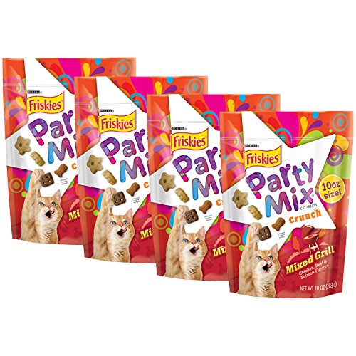 0050000293988 - FRISKIES PARTY MIX CAT TREATS, MIXED GRILL CRUNCH, CHICKEN, BEEF & SALMON FLAVORS, 10-OUNCE, PACK OF 4