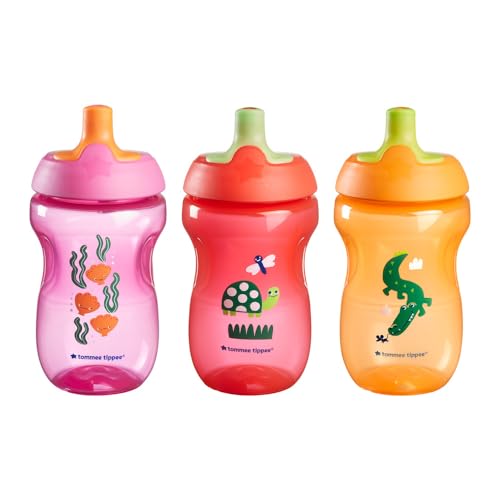 5010415495433 - TOMMEE TIPPEE SPORTEE BOTTLE, SIPPY CUP FOR TODDLERS, 12 MONTHS+, 10OZ, SPILL-PROOF, BITE RESISTANT SPOUT, EASY TO HOLD DESIGN, PACK OF 3, PURPLE, RED AND ORANGE