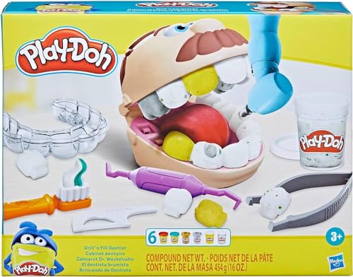 5010993791835 - PLAY-DOH DRILL N FILL DENTIST TOY FOR KIDS 3 YEARS AND UP WITH CAVITY AND METALLIC COLORED MODELING COMPOUND, 10 TOOLS, 8 TOTAL CANS, 2 OUNCES EACH, NON-TOXIC, ASSORTED COLORS