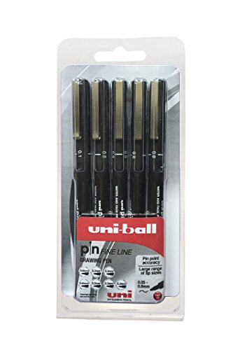 5012788022407 - UNI PIN DRAWING PENS, PACK OF 5 ASSORTED TIP SIZES, BLACK INK