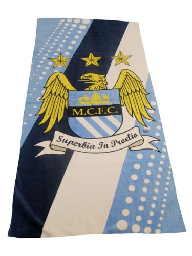 5015860117442 - OFFICIAL MANCHESTER CITY STRIPE BEACH TOWEL FOOTBALL FAN HOLIDAY TRAVEL DAD GIFT