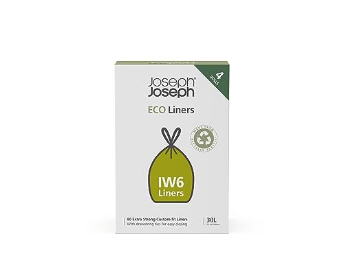 5028420008845 - JOSEPH JOSEPH IW6 ECO RECYCLED PLASTIC BIN LINERS, KITCHEN WASTE BAGS WITH TIE TAPE DRAWSTRING HANDLES, EXTRA STRONG – (4 PACKS OF 20, TOTAL 80 LINERS) HOLDS 30 LITRES, GREY