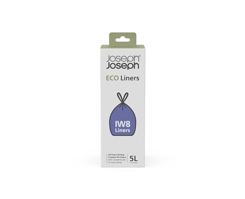 5028420009309 - JOSEPH JOSEPH ECO LINERS IW8 ECO RECYCLED PLASTIC BIN LINERS, KITCHEN BATHROOM WASTE BAGS WITH TIE TAPE DRAWSTRING HANDLES, EXTRA STRONG – PACK OF 20, HOLDS 5 LITRES