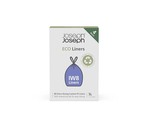 5028420010473 - JOSEPH JOSEPH ECO LINERS IW8 ECO RECYCLED PLASTIC BIN LINERS, KITCHEN BATHROOM WASTE BAGS WITH TIE TAPE DRAWSTRING HANDLES, EXTRA STRONG – PACK OF 80, HOLDS 5 LITRES
