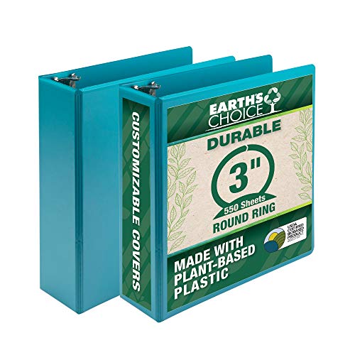 0050362005274 - SAMSILL EARTH’S CHOICE, DURABLE FASHION COLOR 3 RING VIEW BINDER, 3 INCH ROUND RING, UP TO 25% PLANT BASED PLASTIC, ECO-FRIENDLY, USDA CERTIFIED BIOBASED, TURQUOISE, VALUE 2 PACK (U86877)