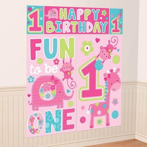 5039320130512 - 1ST BIRTHDAY 'ONE WILD GIRL' WALL POSTER DECORATING KIT (5PC)