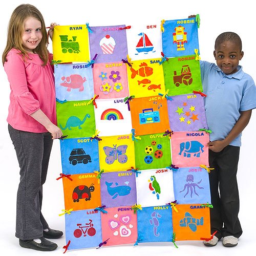 5051173011763 - PATCHWORK WALL HANGING 32 PLAIN FABRIC SQUARES (20CM X 20CM) WITH RIBBONS FOR KIDS TO DECORATE (PER PACK)