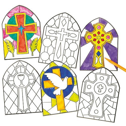 5051174039643 - STAINED GLASS EFFECT CROSS WINDOW DECORATION KITS CHRISTIAN CRAFT ACTIVITIES CHURCH SUNDAY SCHOOL (PACK OF 12)