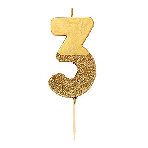 5052715103847 - TALKING TABLES GLITTER NUMBER CANDLE-PREMIUM QUALITY CAKE TOPPER DECORATION PRETTY, SPARKLY FOR KIDS, ADULTS, 30TH BIRTHDAY PARTY, ANNIVERSARY, MILESTONE, HEIGHT 8CM, 3, GOLD 3
