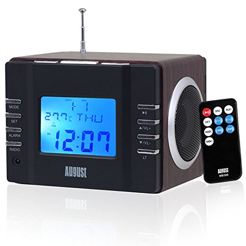 5053047003751 - AUGUST MB300 MINI WOODEN MP3 STEREO SYSTEM AND FM CLOCK RADIO, WITH CARD READER, USB PORT & AUX JACK (3.5MM AUDIO IN), 2 X 3W POWERFUL HI-FI SPEAKERS AND BUILT-IN RECHARGEABLE BATTERY (BLACK)