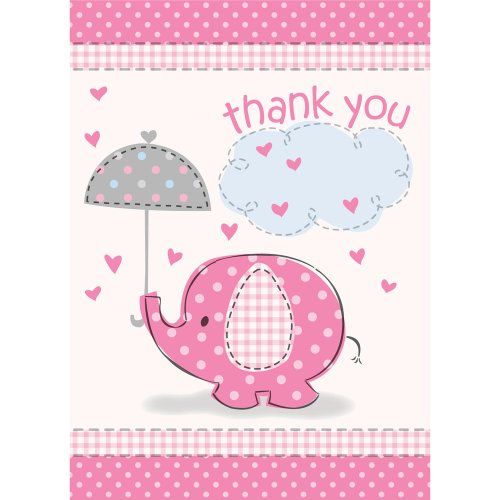 5053492300627 - UMBRELLA ELEPHANT GIRL BABY SHOWER THANK YOU NOTES W/ ENVELOPES (8CT)