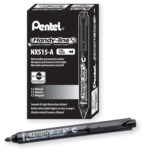 5053750853223 - PENTEL HANDY-LINE S RETRACTABLE AND REFILLABLE PERMANENT MARKER, CHISEL TIP, BLACK BARREL, BLACK INK, BOX OF 12 (NXS15-A)