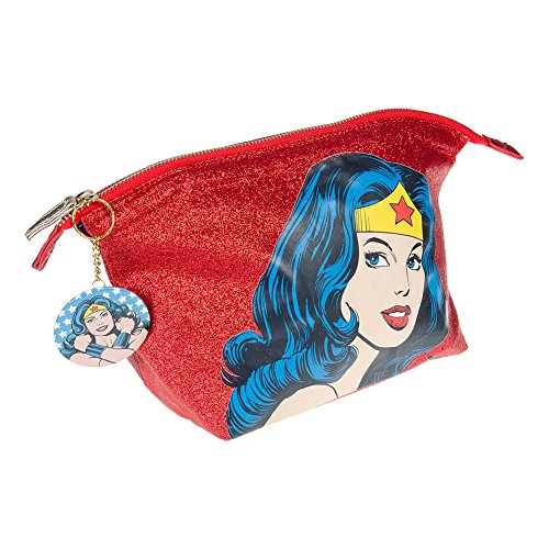 5055354121838 - OFFICIAL WONDER WOMAN RED GLITTER WASH TOILETRIES BAG WITH MIRROR