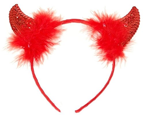 5055357458849 - RED SEQUINNED DEVIL HORNS FEATHER FLUFF TRIM ON ALICE BAND HEN NIGHT FANCY DRESS