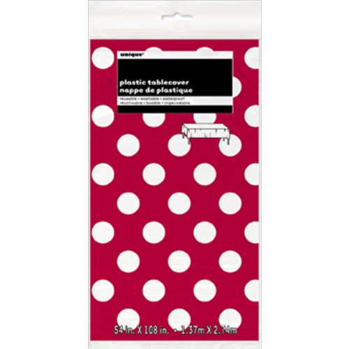 5055446769122 - RED PLASTIC POLKA DOT TABLE COVER, 54 X 108