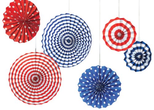 5055446785221 - AMSCAN FOURTH OF JULY PARTY STARS & STRIPES HANGING FAN DECORATION (6 PIECE), RED/WHITE/BLUE, 13 X 11