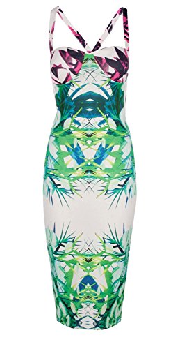 5055876550550 - FOREVER WOMENS CELEBRITY INSPIRED TROPICAL PRINT CROSS BACK BODYCON PARTY MIDI DRESS (GREEN/CREAM, 10)