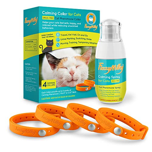 5059648651063 - FUZZYMILKY CAT CALMING COLLARS - 4 PACKS CAT COLLAR INFUSED WITH SYNTHETIC PHEROMONES (ORANGE) WITH CAT CALMING SPRAY FOR CAT ANXIETY RELIEF, TRAVEL
