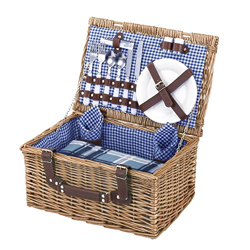 Plates VonShef Deluxe 2 Person Wicker Picnic Basket Hamper with Cutlery Glasses Tableware /& Fleece Picnic Blanket