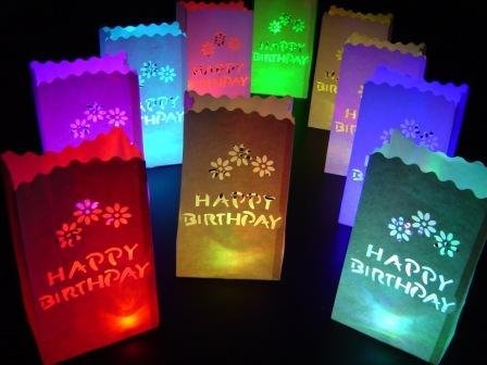 5060241422943 - 10 X WHITE HAPPY BIRTHDAY PAPER CANDLE BAG LANTERN + 10 COLOUR CHANGE LED LIGHTS