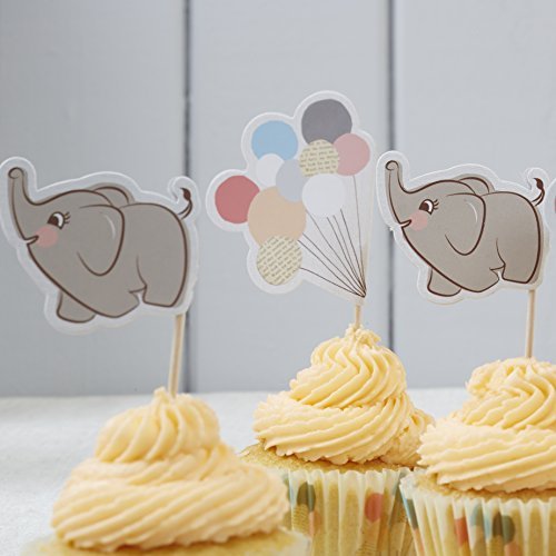 5060303703331 - GINGER RAY LITTLE ONE VINTAGE BABY ELEPHANT & PASTEL BALLOON FOOD CUPCAKE FLAG TOPPERS, MIXED