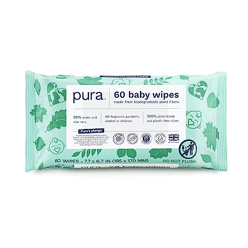 5060766311005 - PURA BABY WIPES, 100% PLASTIC-FREE & PLANT BASED WIPES, 99% WATER, SUITABLE FOR SENSITIVE & ECZEMA-PRONE SKIN, FRAGRANCE FREE & HYPOALLERGENIC, CRUELTY FREE, EWG VERIFIED, 1 PACK OF 60 WET WIPES