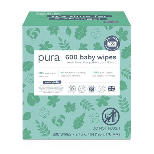 5060766311029 - PURA BABY WIPES 10 X 60 WIPES (600 WIPES), 100% PLASTIC-FREE & PLANT BASED WIPES, 99% WATER, SUITABLE FOR SENSITIVE & ECZEMA-PRONE SKIN, FRAGRANCE FREE & HYPOALLERGENIC, EWG, CRUELTY FREE