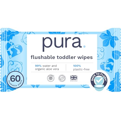 5060766311050 - PURA FLUSHABLE TODDLER WIPES - 1 X 60 WIPES, 100% PLASTIC FREE, 99% WATER, HYPOALLERGENIC & FRAGRANCE FREE, TOTALLY CHLORINE FREE, KIDS TOILET WIPES