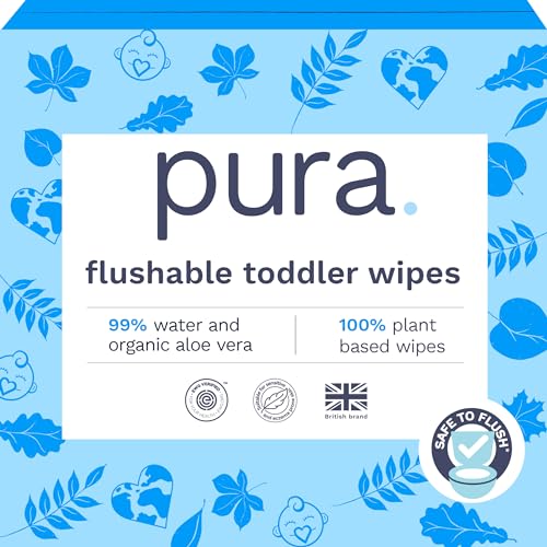 5060766311074 - PURA FLUSHABLE TODDLER WIPES 10 X 60 WIPES (600 WIPES), 100% PLASTIC FREE, 99% WATER, HYPOALLERGENIC & FRAGRANCE FREE, TOTALLY CHLORINE FREE, KIDS TOILET WIPES, SENSITIVE SKIN