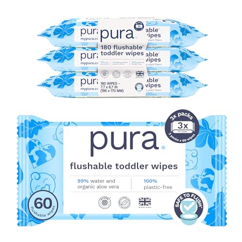 5060766311081 - PURA FLUSHABLE TODDLER WIPES - 3 X 60 WIPES (180 WIPES), 100% PLASTIC FREE, 99% WATER, HYPOALLERGENIC & FRAGRANCE FREE, TOTALLY CHLORINE FREE, KIDS TOILET WIPES