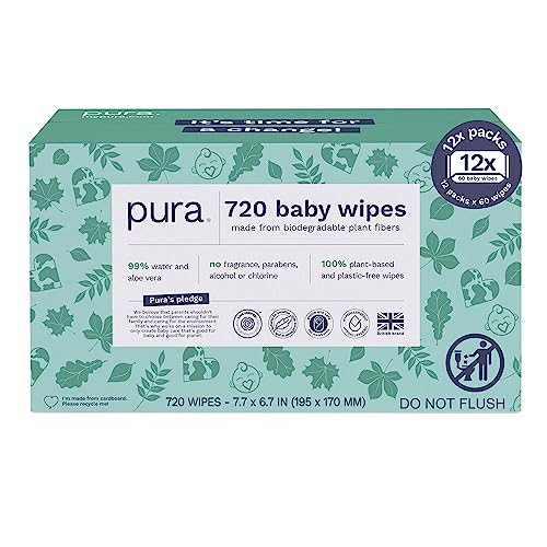 5060766311388 - PURA BABY WIPES 12 X 60 WIPES (720 WIPES TOTAL), 100% PLASTIC-FREE & PLANT BASED WIPES, 99% WATER, SUITABLE FOR SENSITIVE & ECZEMA-PRONE SKIN, FRAGRANCE FREE & HYPOALLERGENIC, CRUELTY FREE