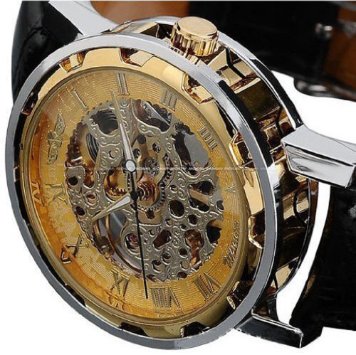 0509049864531 - VOBERRY® CLASSIC MEN'S LEATHER DIAL SKELETON MECHANICAL SPORT ARMY WRIST WATCH (GOLD) (BROWN)
