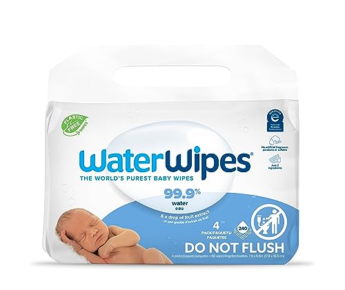 5099514000588 - WATERWIPES PLASTIC-FREE ORIGINAL BABY WIPES, 99.9% WATER BASED WIPES, UNSCENTED & HYPOALLERGENIC FOR SENSITIVE SKIN, 240 COUNT (4 PACKS), PACKAGING MAY VARY