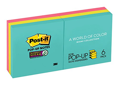 0051125006231 - POST-IT SUPER STICKY POP-UP NOTES, 3 X 3, MIAMI COLLECTION, 6 PADS PER PACK, 90 SHEETS PER PAD (R330-6SSMIA)