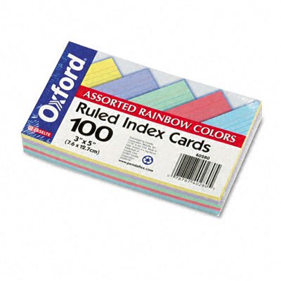 5112788136729 - OXFORD RULED INDEX CARDS, 3 X 5, BLUE/VIOLET/CANARY/GREEN/CHERRY, 100/PACK