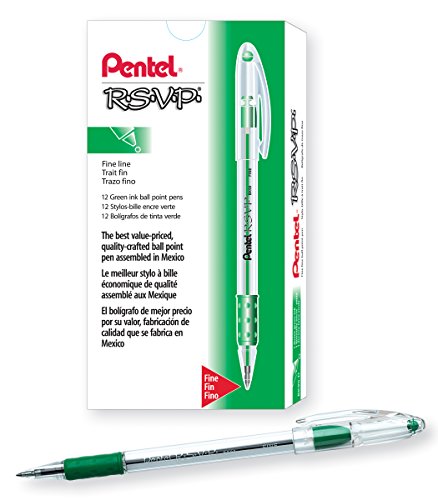 5112788187011 - PENTEL R.S.V.P. BALLPOINT PEN, 0.7MM FINE TIP, GREEN INK, BOX OF 12 (BK90-D)