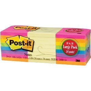 0051131936027 - POST-IT® NOTES, ORIGINAL PAD, 3 INCHES X 3 INCHES, ASSORTED NEON COLORS, VALUE PACK, 24 PADS PER PACK (TOTAL 2400)