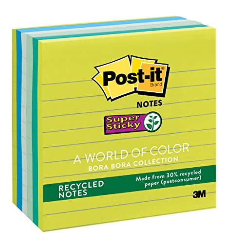0051131937901 - POST-IT RECYCLED SUPER STICKY NOTES, 4 IN X 4 IN, BORA BORA COLLECTION, LINED, 6 PADS/PACK, 90 SHEETS/PAD (675-6SST)