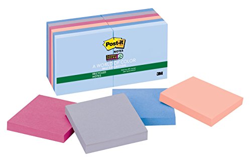 0051131973510 - POST-IT RECYCLED SUPER STICKY NOTES, 3 IN X 3 IN, BALI COLLECTION, 12 PADS/PACK, 90 SHEETS/PAD (654-12SSUC)