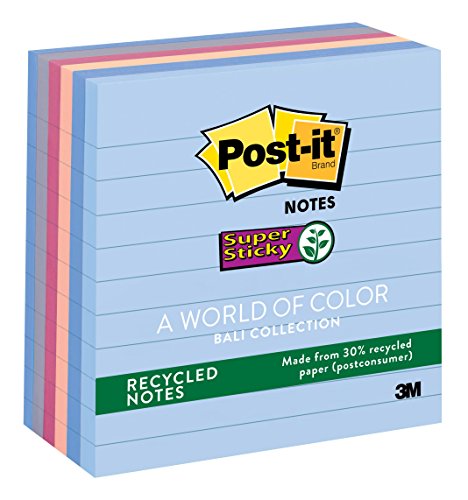 0051131973534 - POST-IT RECYCLED SUPER STICKY NOTES, 4 IN X 4 IN, BALI COLLECTION, LINED, 6 PADS/PACK (675-6SSNRP)