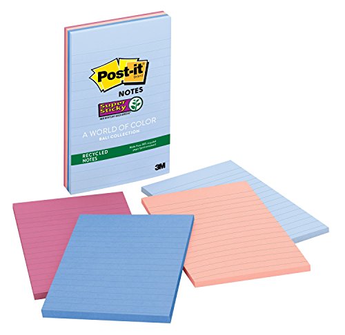 0051135807941 - POST-IT RECYCLED SUPER STICKY NOTES, 4 IN X 6 IN, BALI COLLECTION, LINED, 4 PADS/PACK, 45 SHEETS/PAD (4621-SSNRP)