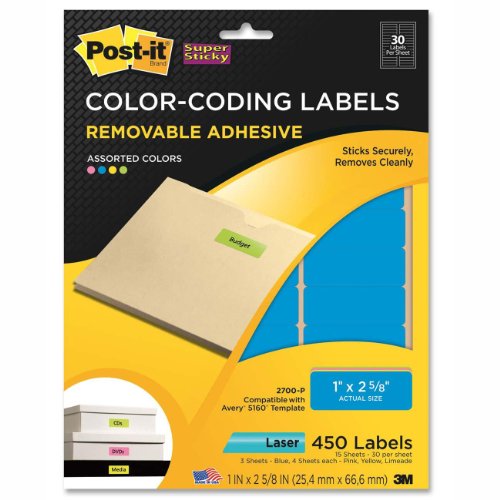 0051141256528 - POST-IT SUPER STICKY REMOVABLE COLOR CODING LABELS, 1 INCH X 2 5/8-INCH, ASSORTED NEON, LASER, 450 LABELS PER PACK (2700-P)